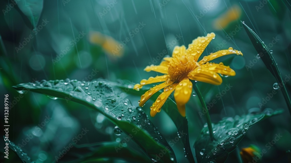 Wall mural Yellow Flower in Rain with Dewy Leaves