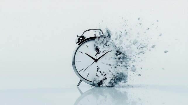 Surreal Image of Alarm Clock Exploding into Particles Creating Dynamic Motion and Fragmentation Effects Against Minimalistic Background