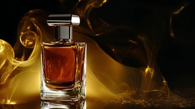 A bottle of perfume is sitting on a table with a yellowish smoke in the background. The bottle is made of glass and has a gold trim. The smoke in the background gives the image a mysterious