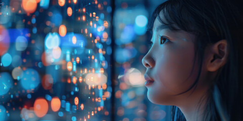 A young girl gazing at a futuristic digital screen with colorful lights and data points, representing technology and wonder.