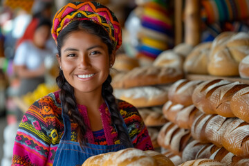 With an inviting smile, a Peruvian woman showcases her bread offerings in beautifully crafted baskets, embodying the warmth of local traditions