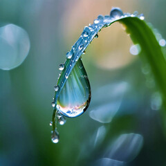 Dew Droplet sliding down a blade of grass early in the morning
