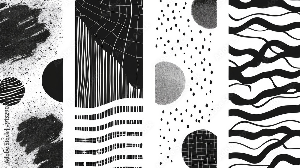 Poster series of minimalist shapes and patterns in shades of gray
