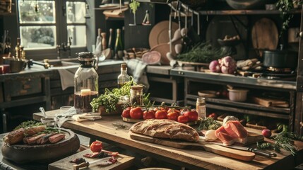Rustic Kitchen with Fresh Ingredients and Vintage Decor