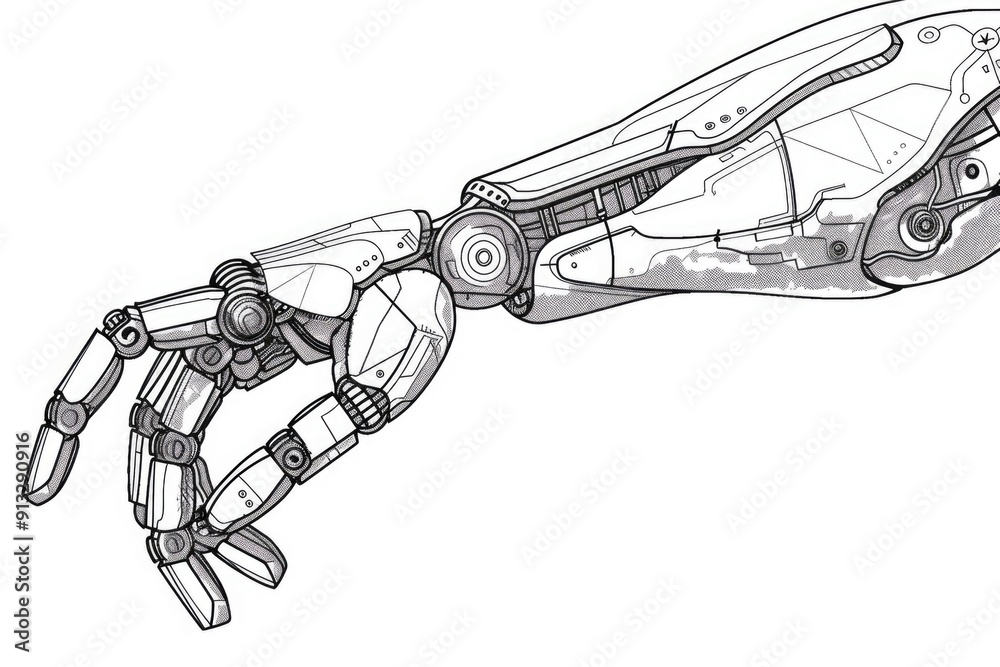 Poster a mechanical hand extending from a robotic arm, perfect for illustrations about technology and innov