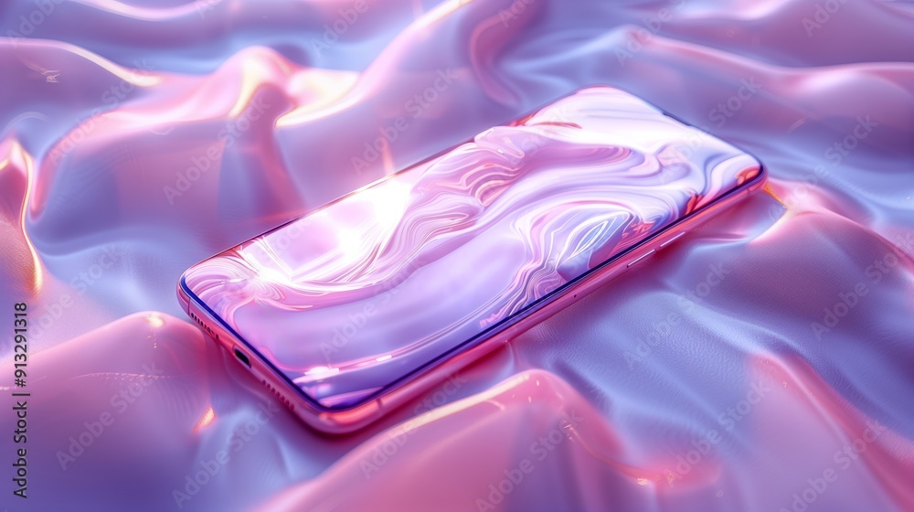 Poster a close-up view of a glossy smartphone resting on fluid abstract patterns in soft light