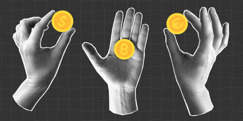 Set of halftone collage with hands holding gold coins, euro, dollar and bitcoin. Banner with concept of payment and financial planning, saving. Paper element on a dark checkered background.