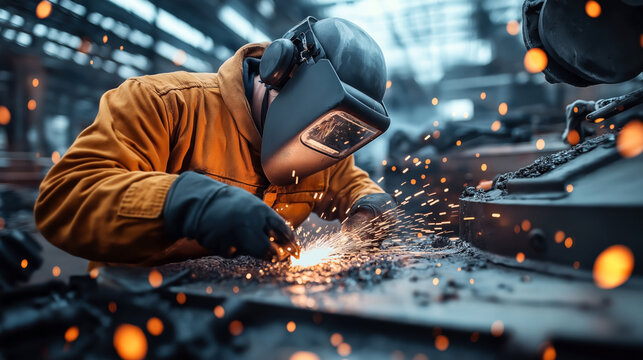 A welder in protective gear works on metal, producing bright sparks in an industrial setting with blurred background.