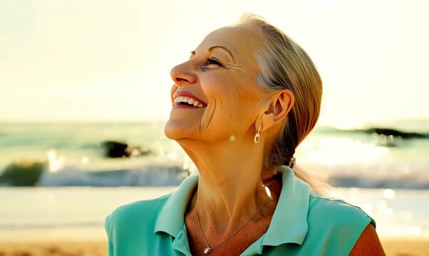 medium shot portrait of a happy Israeli woman in her 60s wearing a sporty polo shirt against a beach background