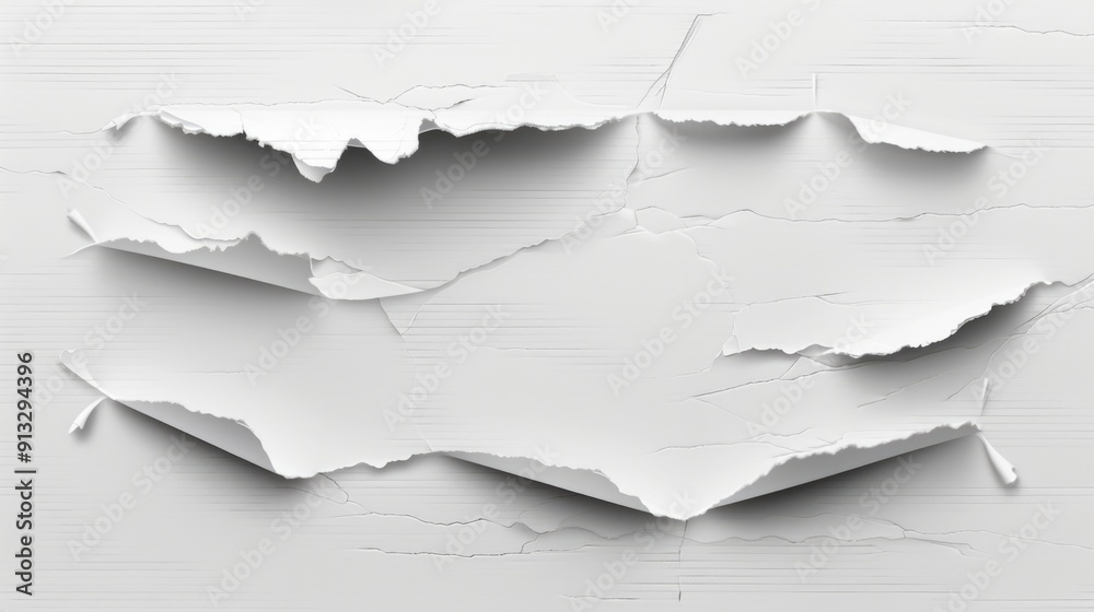 Poster a single piece of torn paper lies on a white background, providing a subtle texture and neutral colo