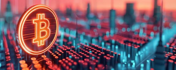 Futuristic cityscape with digital currency transactions, cyberpunk, neon, 3D render