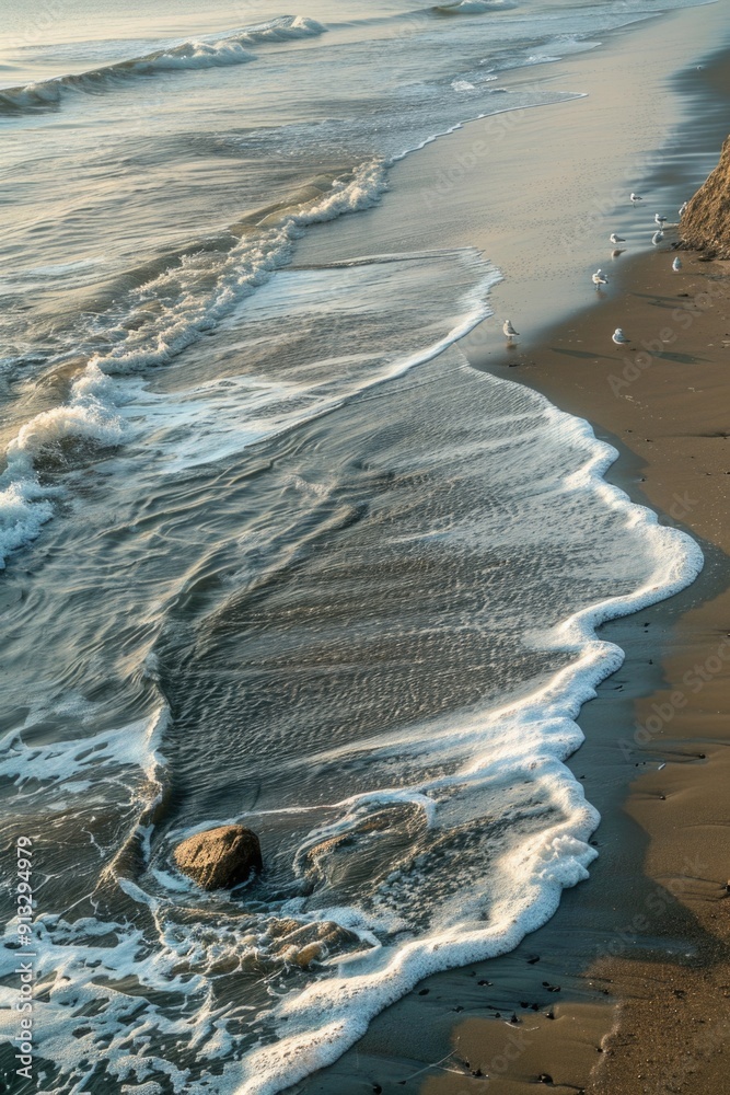Poster a photograph of a sandy beach with a rock partially submerged in the water