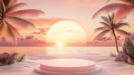 Obraz premium Abstract tropical sunset beach with 3D podium and ample copy space for product display and presentation.