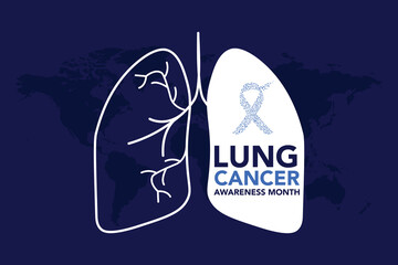 November, Lung cancer awareness month text and pink drawing line lung symbol with white ribbon around on blue background vector design