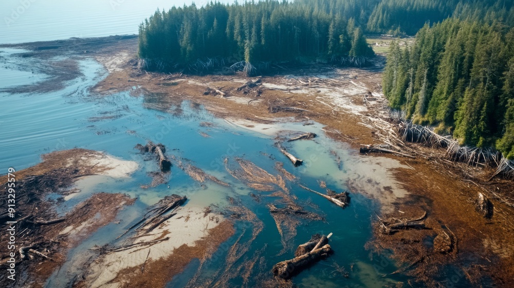 Poster An aerial view captures a tranquil coastal area featuring driftwood scattered across shallow waters, surrounded by lush forests.