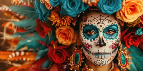 Fototapeta premium Day of the Dead sugar skull makeup with colorful flowers on brown background.
