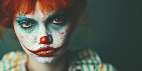 Close-up portrait of a scary clown with red hair. Horror movie. Halloween.