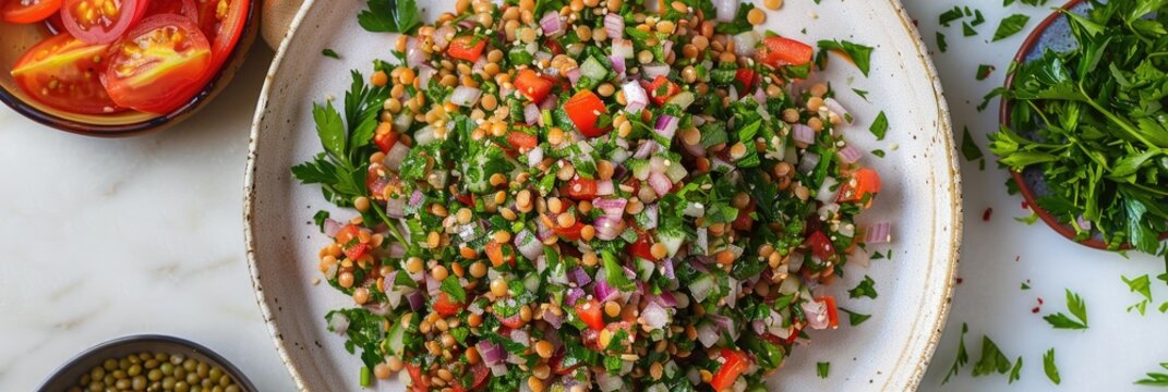 Traditional Middle Eastern plate with Lentil Tabbouleh lentils chopped onion tabouleh and taboula on white marble table top view
