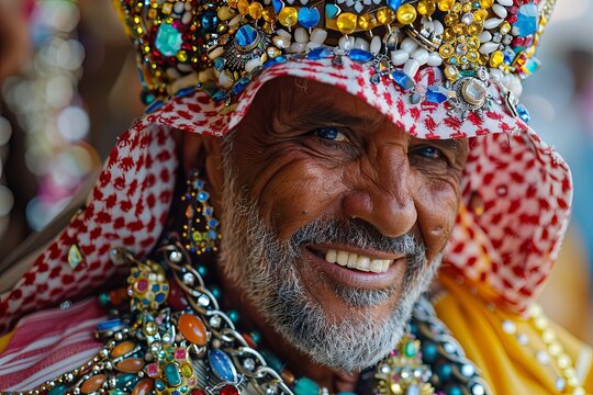 A joyful sheikh in colorful attire adorned with jewelry at a festive gathering in a desert setting. Generative AI