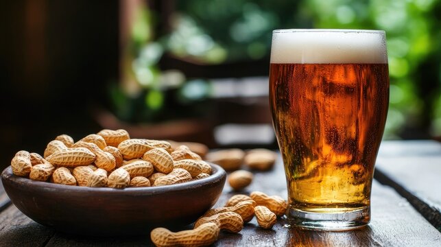 Glass of cold beer alongside a bowl of peanuts on a wooden table, perfect for a casual gathering.