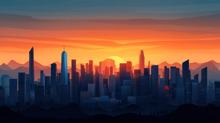 City skyline silhouette with modern skyscrapers at sunset, featuring an orange and blue sky and mountains in the background.