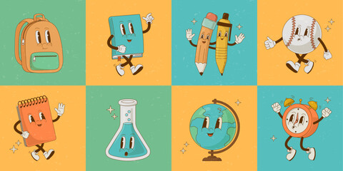 Back to school. Retro cartoon education characters. Stationery, book, ball, clock, backpack, globe, supply, chemistry vector illustration. Nostalgia 70s, 80s
