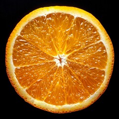 Close-up of a fresh orange slice against a dark background. Vivid colors and detailed textures...