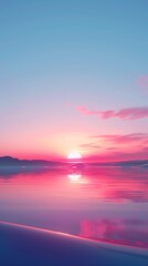 Fototapeta premium A vibrant pink and orange sunset over a calm, reflective lake. The sky is filled with soft clouds, creating a serene and tranquil atmosphere.