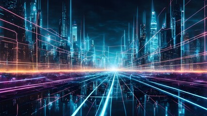 A cityscape with a bright neon sky and buildings