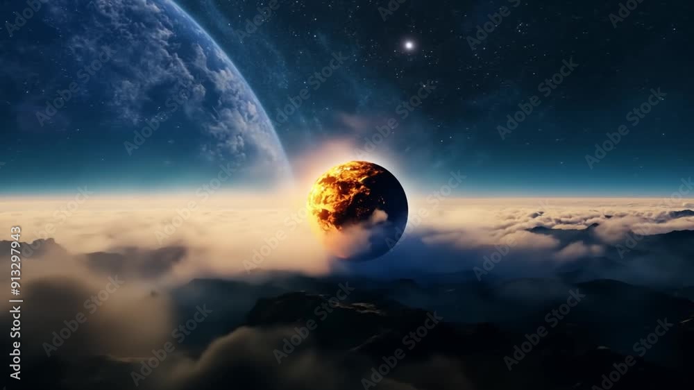 Canvas Prints a black and white image of a planet with a star in the background. the planet is surrounded by mount