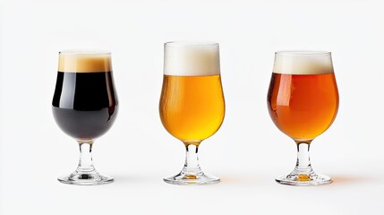 Selection of three different beer glasses on a clean white background, featuring clipping paths for precise editing.