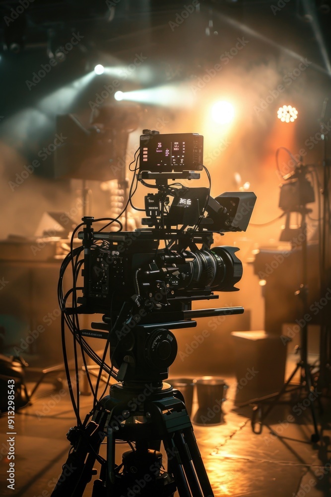 Poster A camera set up on a tripod in a dark room, ready for use