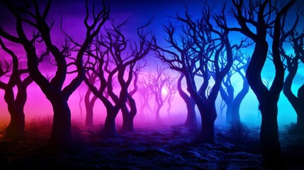 Enchanted Forest, Purple and Blue Lighting, Mystical Trees.