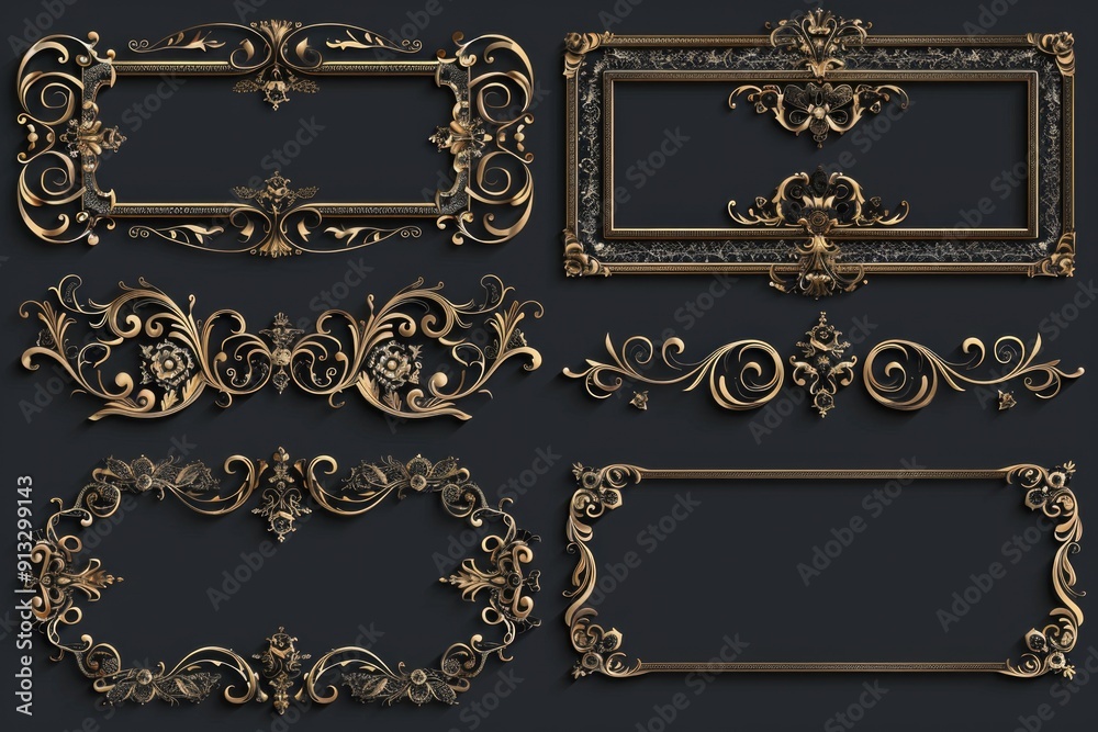 Poster Decorative ornate gold frames on a dark or black background, ideal for use as a border or design element in various contexts