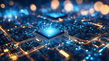 A computer chip is lit up in a cityscape