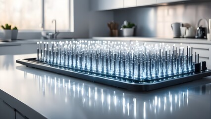 A kitchen counter with a lighted object on it