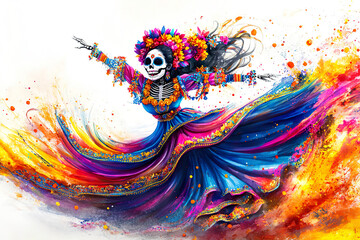 A watercolor painting of a skeleton woman wearing a colorful dress and flower crown, dancing on a colorful background. Generated by AI.