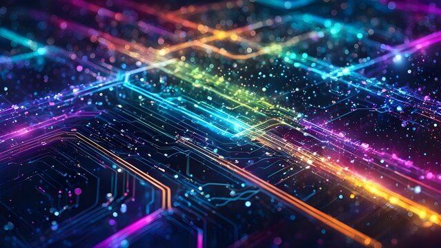 A colorful image of a circuit board with many different colored lines