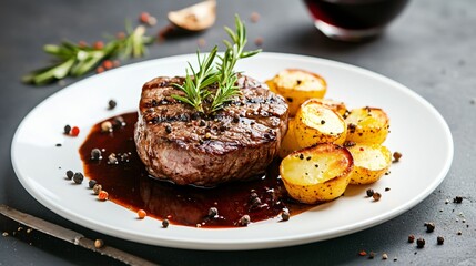 A succulent grilled steak served with herb-roasted potatoes, garnished with rosemary and cracked pepper, accompanied by a rich sauce on a white plate.