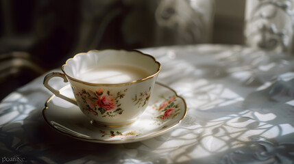 Fototapeta premium A white tea cup with pink flowers on it sits on a saucer