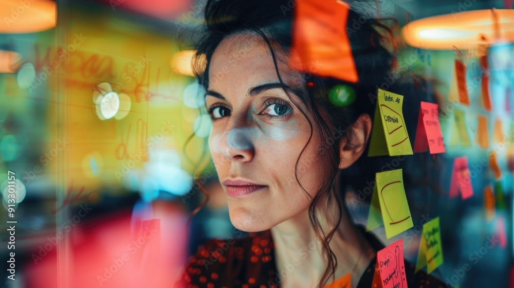 Poster a person examining notes on a transparent divider, suitable for office or educational settings