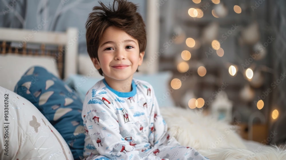 Poster A young child sitting near a decorated Christmas tree