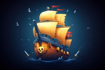 Naklejka premium Cartoon Pirate Ship Sailing on the Ocean