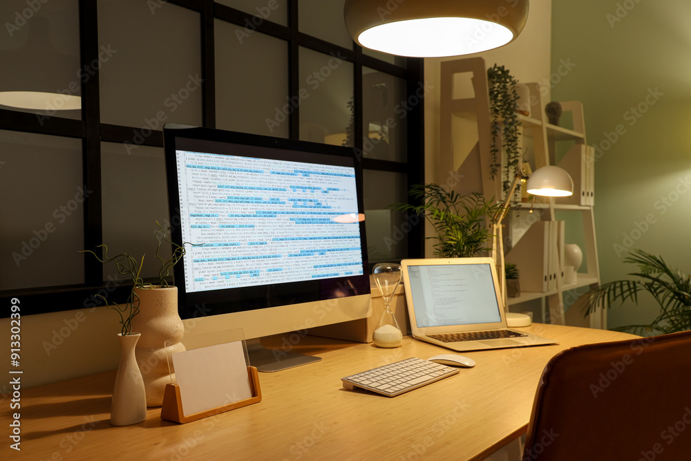 Sticker stylish workplace of programmer with modern computer and glowing lamps in office