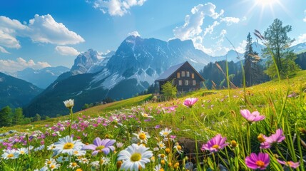 Wooden Cabin nestled in a mountain meadow, wildflowers in bloom