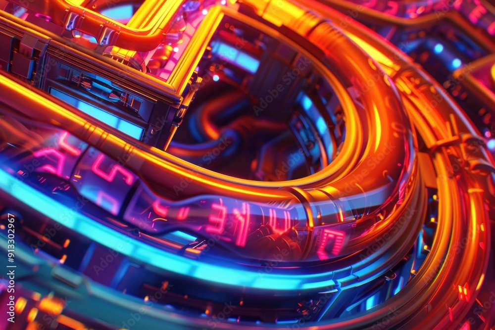 Poster a close-up shot of a neon clock on a wall, perfect for use in designs related to time, technology, o