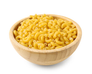 Bowl with tasty raw elbow pasta on white background