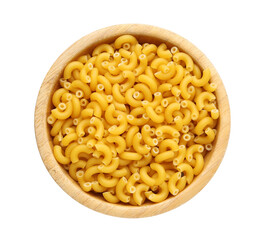 Bowl with tasty raw elbow pasta on white background