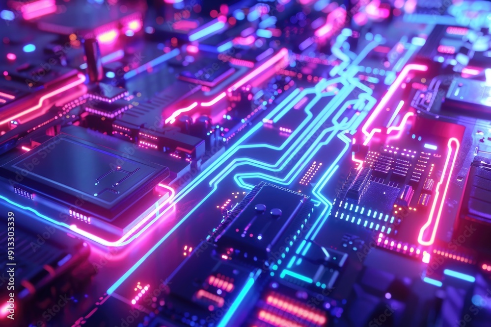 Poster Close-up shot of a circuit board lit by neon lights, useful for technology and science related projects