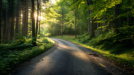 Naklejka premium A forest road with trees on both sides
